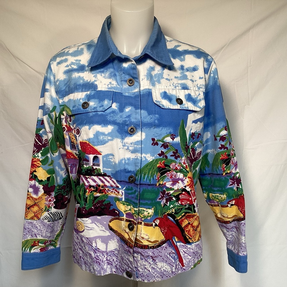 Haband Tudor Court Tropical Beach Landscape Art To Wear Jacket Women’s Medium